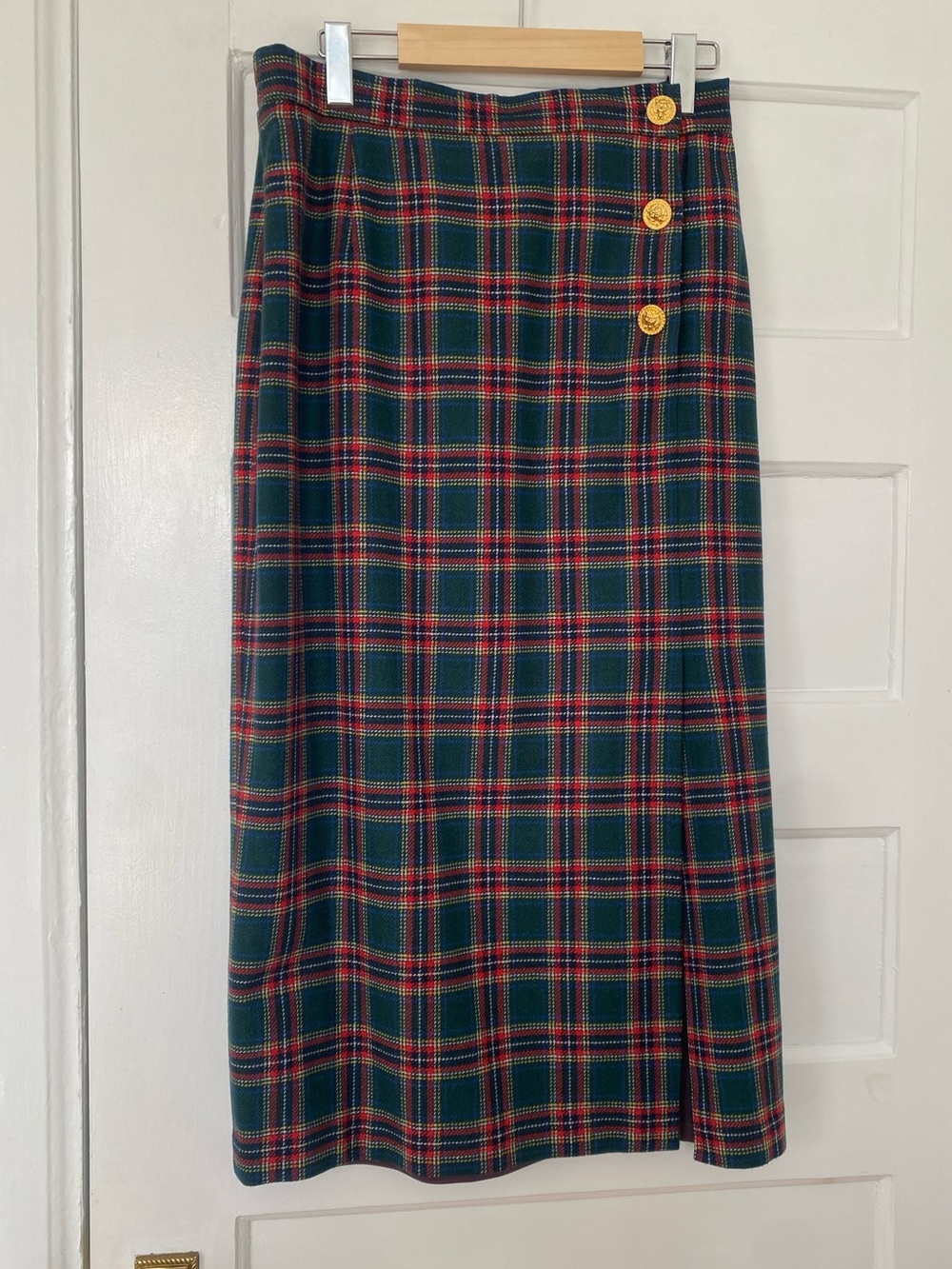 Vintage plaid wool blend midi skirt with gold lion buttons